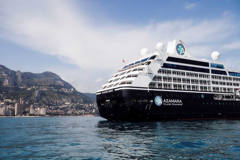 Azamara Quest moors off Monte Carlo. After a big, beautiful blue whale sailing, passengers hop off for fun on shore.