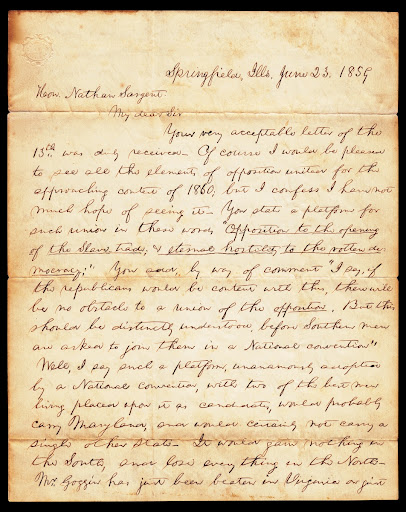 Letter from Abraham Lincoln to Nathan Sargent, 1859 - Lincoln, Abraham ...