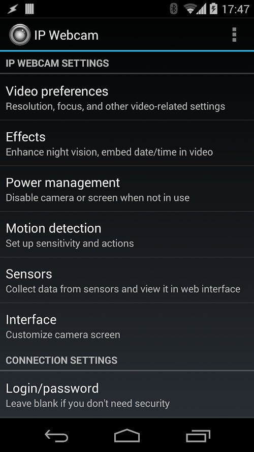Android-Anwendung IP Webcam Pro Screenshot