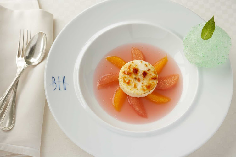 The delicate citrus flavor of an Aspic dessert will complete your evening. You'll find it at Blu restaurant on your Celebrity cruise.