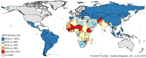World map with adult literacy rates by country in 2007