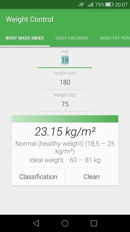 Android application Body mass index Calculator BMI screenshort