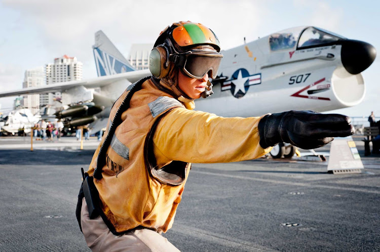 Flight deck officer on the USS Midway in San Diego. The USS Midway Museum, located right in front of the ship, is open to visitors.