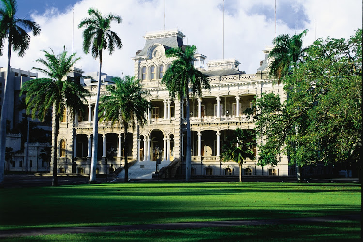 Iolani Palace, the only royal palace in the United States. The palace is a four-story Italian Renaissance palace built by King David Kalakaua in 1882 in Honolulu.