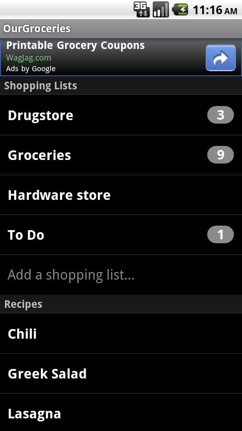 OurGroceries Key Screen 1