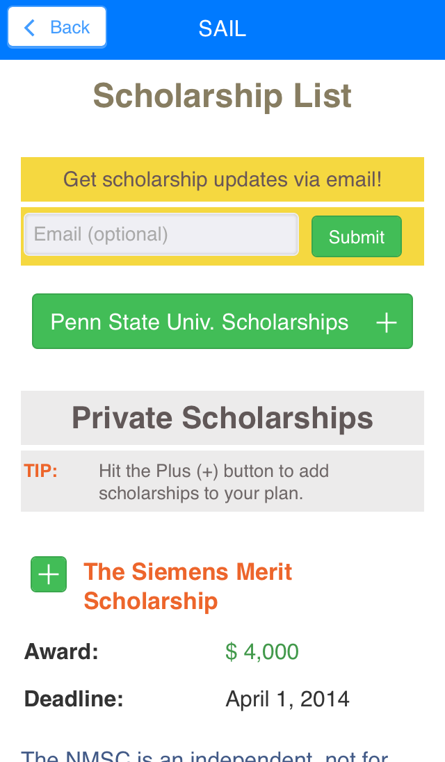 Sail - Scholarship Search Screen 2