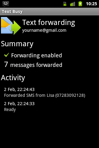 Android application TextBusy: Forward SMS to email screenshort