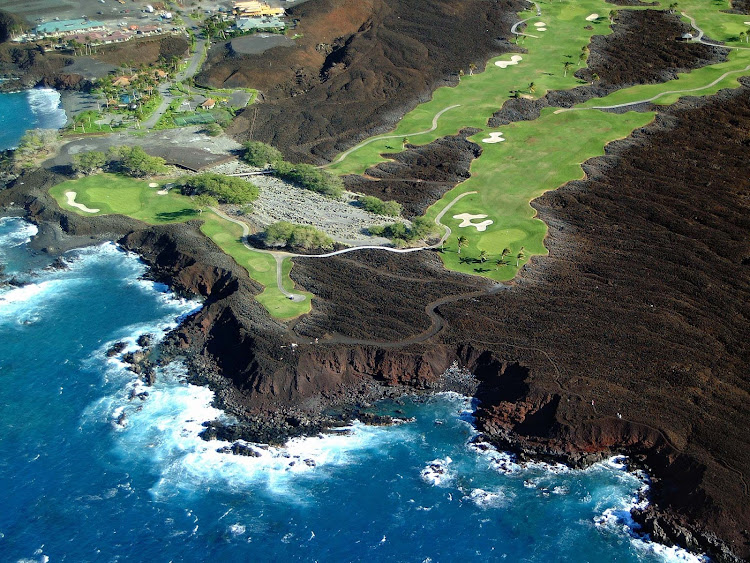A golf course etched around lava in Waikoloa on the Big Island of Hawaii.