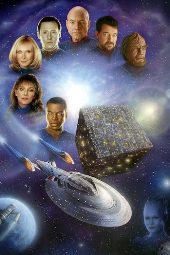 da direita para a esquerda: Worf, Riker, Picard, Data, Crusher, Troi, LaForge, um cubo Borg, a Enterprise-E e a Rainha Borg