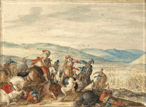 RIJKS: Bartholomäus Dietterlin: Cavalry Skirmish Mountainous Landscape 1640