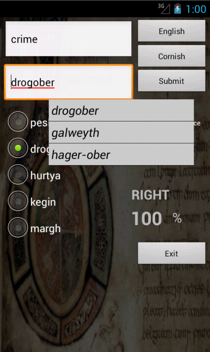 English Cornish Dictionary Screen 2