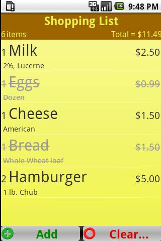 Shopping List Screen 2