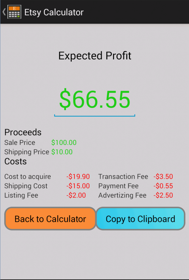 Profit Calc for Etsy Screen 2