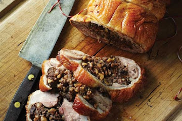 Roast Duck Stuffed with Farro, Figs, and Hazelnuts
