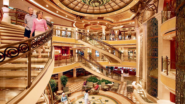 Look for a grand piazza-style atrium featuring beautiful spiral staircases and several dining options on your Princess ship. 