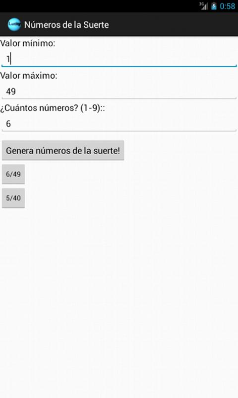 Android application Lucky numbers screenshort