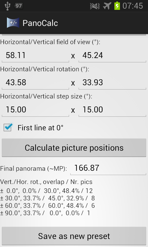 Panorama Calculator Screen 2