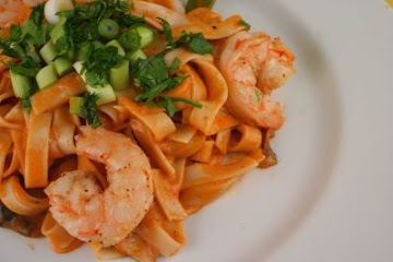 Curried Pasta with Shrimp, Snap Peas, and Shiitakes