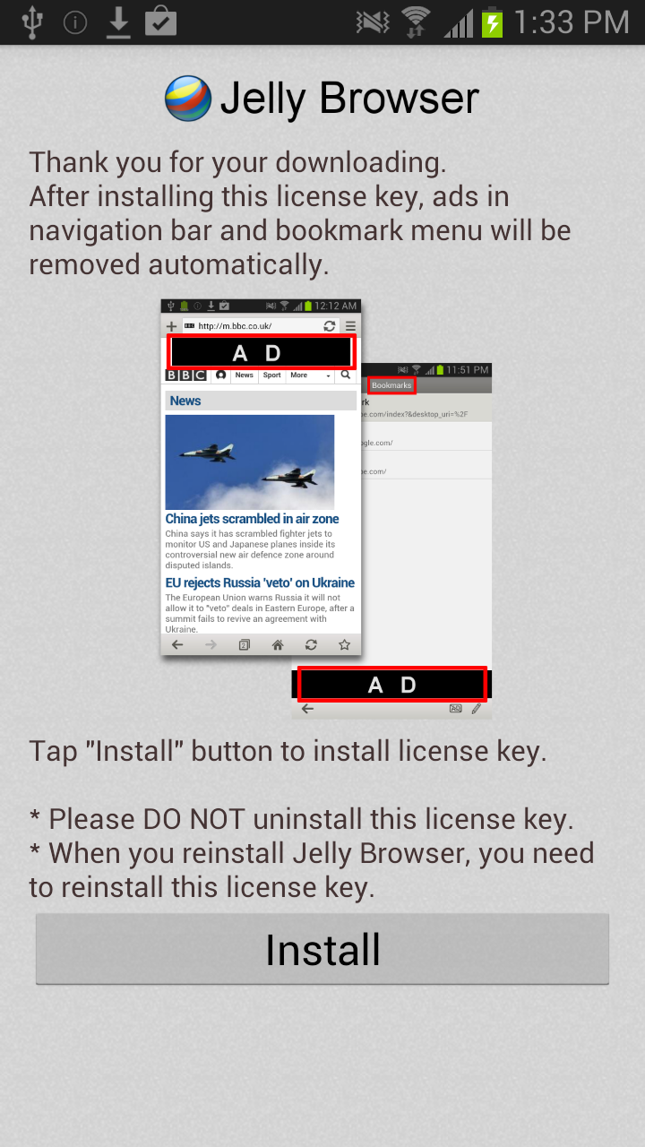 Jelly Browser License Key Screen 2
