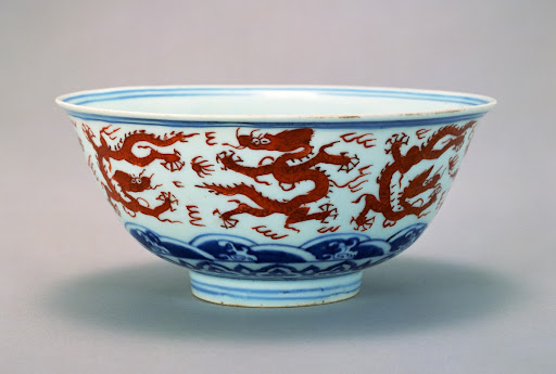 Bowl with Design of Dragon and Waves, Blue and White and Over-glaze Red