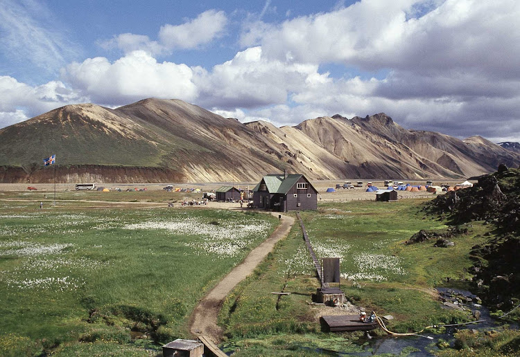 A campground in the midst of dramatic Icelandic scenery.