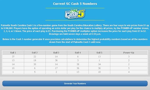 Android application SC Cash 5 Lottery Generator screenshot