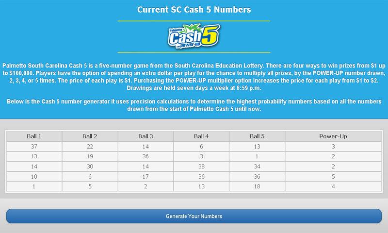 Android application SC Cash 5 Lottery Generator screenshort