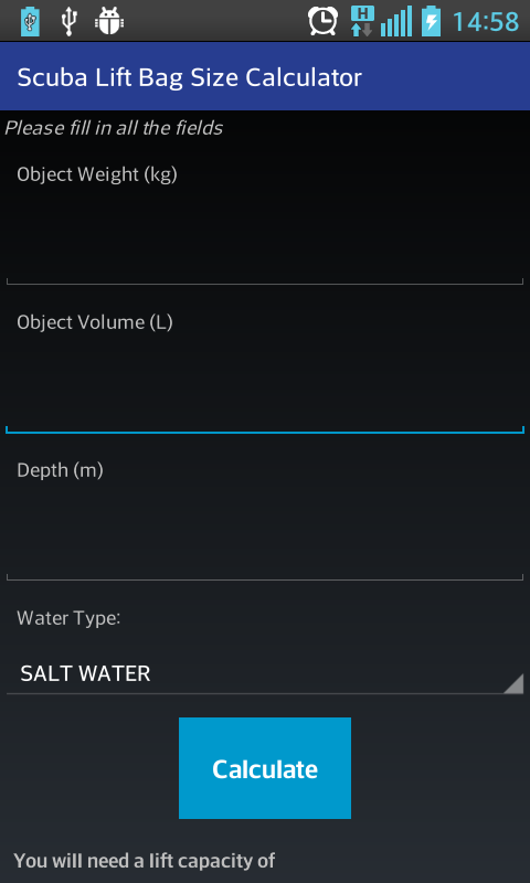 Android application Scuba Lift Bag Size Calculator screenshort