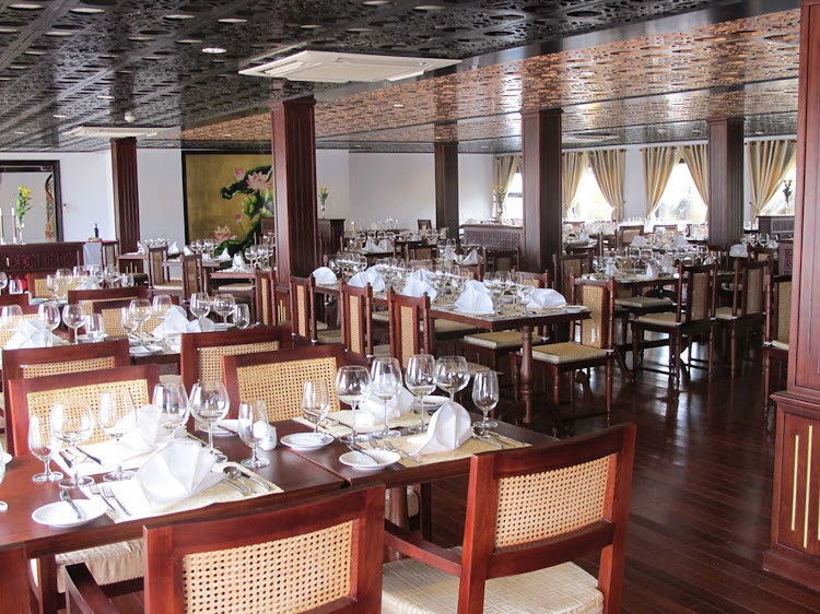 The restaurant aboard AmaLotus combines old-time elegance with regional Khmer flavorings.