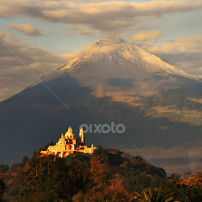 Church and Popocatepetl by Alfredo Garciaferro Macchia - Landscapes Mountains & Hills