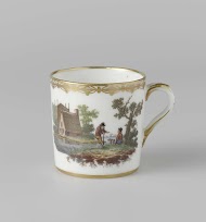 Kop, beschilderd met een landschap met vee en huizen