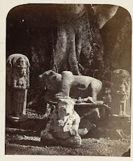 Stone scultures from east Java exhibited at the Botanical Gardens in Bogor: deification statue in the form of the godess Parvati; Nandi, male deification statue and Ganesha. Bogor, Bogor district, West Java province 13th-14th century.