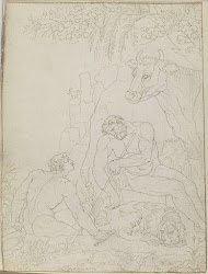 Twee naakte mannen en een stier en een liggende leeuw