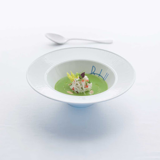 The chilled sweet pea soup on the menu at Celebrity Cruises's Blu restaurant makes a perfect appetizer.