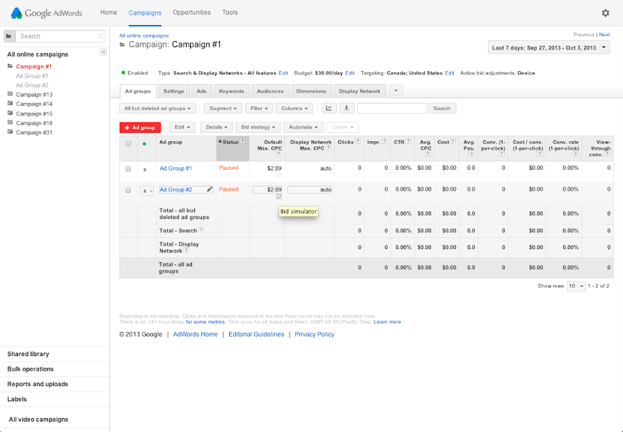 See the Bid Simulator icon