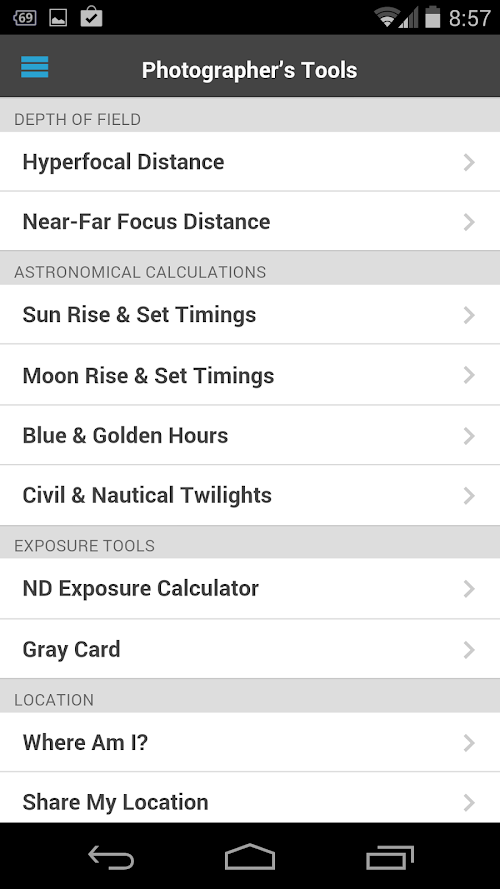 Android application Photographers Tools Pro screenshort