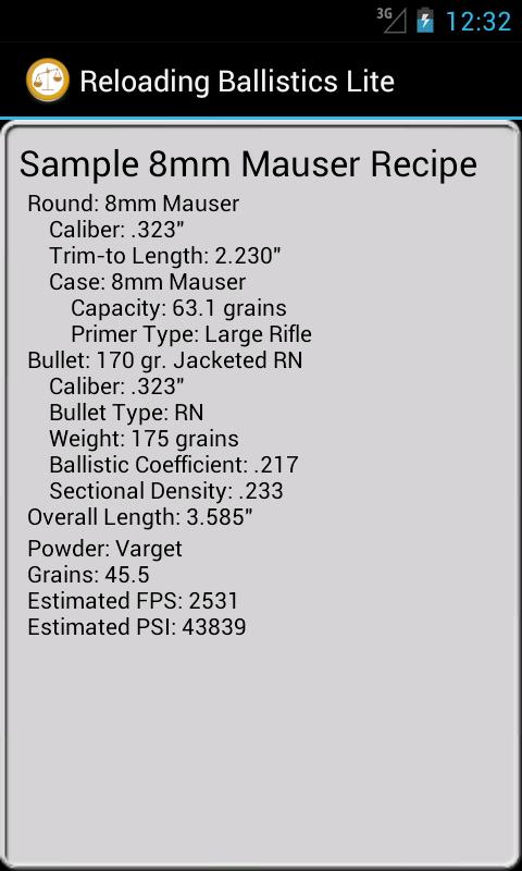 8mm Mauser Ballistics Data Screen 2
