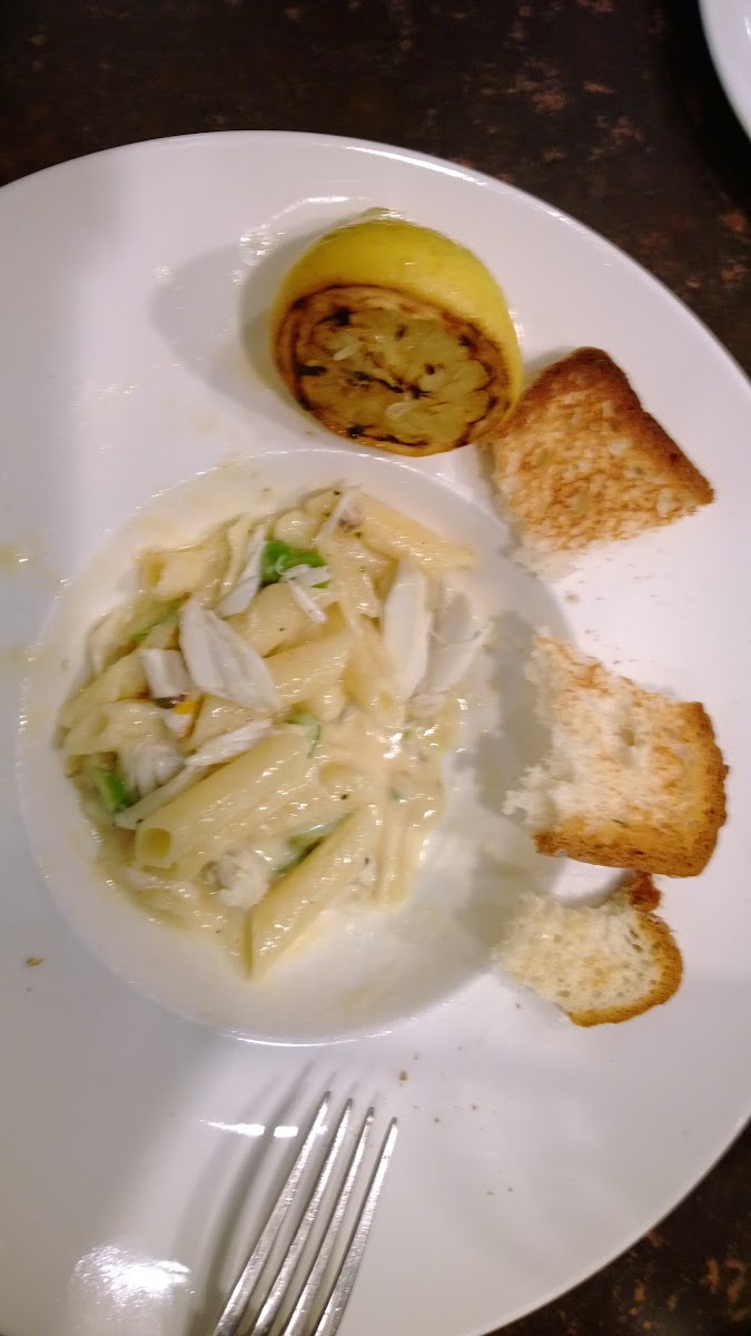 Zocca's Gluten Free Pasta, Lump Crab, grilled lemon, shaved asparagus in Parmesan Cream Sauce with g