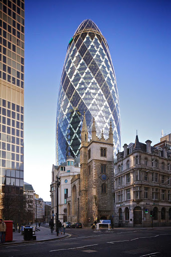 The 30 St Mary Axe office tower — widely known as The Gerkin — as seen from Leadenhall Street in London's financial district. Standing 590 feet and 41 stories, it's the second tallest building in London. 
