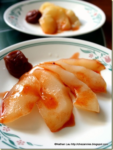 sake-poached asian pears with ume and li hing sauce