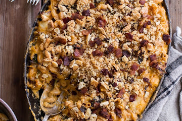 Butternut Squash + Charred Brussels Mac and Cheese with Buttery Bacon Ritz Crackers.