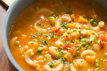 Pasta Soup with Sweet Potato and Peas