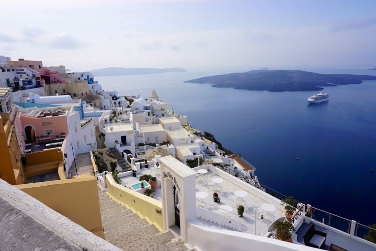 The scenic cityscape of Fira (or Thira) on Santorini, Greece.