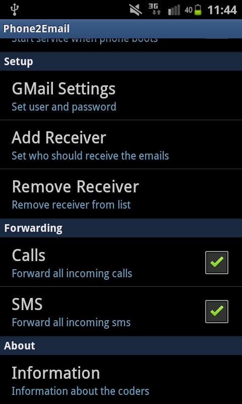 Call and SMS Forwarding Screen 2