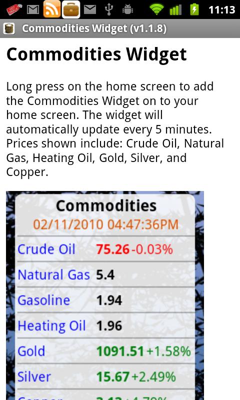 Android application Commodities Widget screenshort