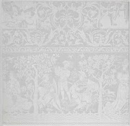 Fragment van een tafellaken van linnendamast met voorstelling: geschiedenis van Susanna; rand met muzikanten en vrouwen