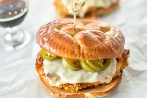 Oven-Fried Chicken Sandwiches with Beer-Picked Jalapeños and Spicy Honey Mustard