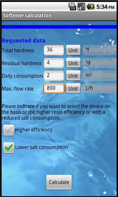 Softener calculation Screen 1