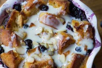 Blueberry White Chocolate Bread Pudding with Amaretto Cream Sauce
