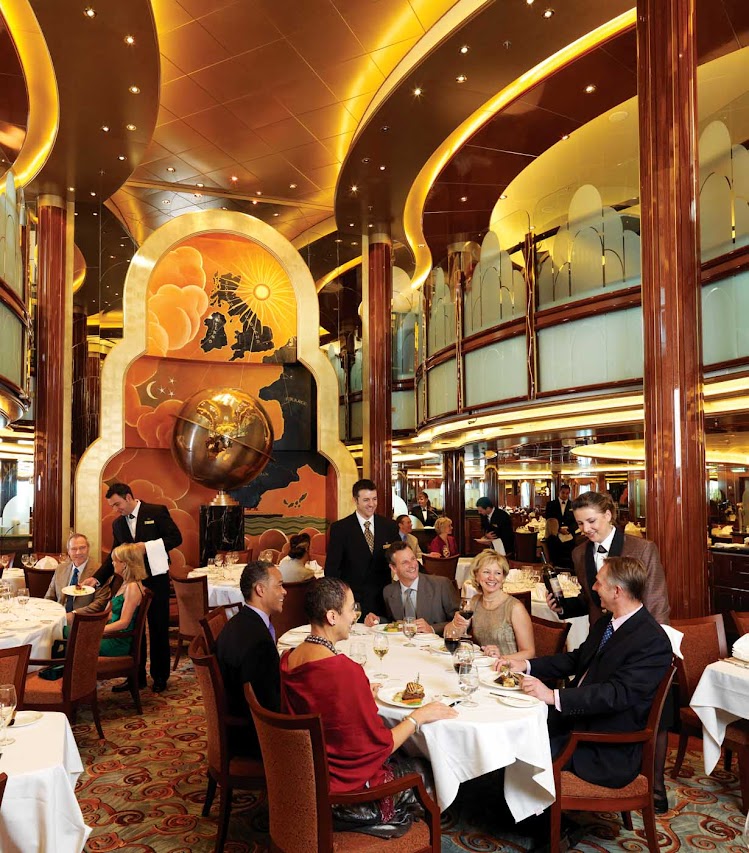Enjoy British cuisine in an elegant atmosphere at the Brittania Restaurant aboard Queen Elizabeth.